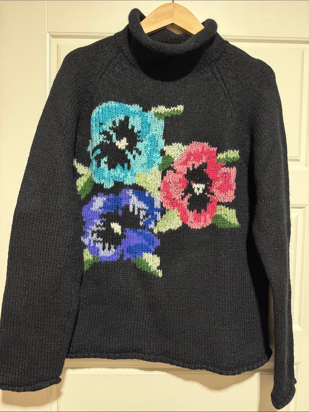 Vintage J.Crew Wool black Knitted Sweater with paisleys flower hand knit rare S